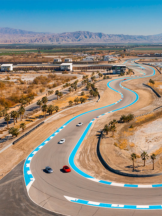 Aerial view of North Palm circuit with blue-and-white curbing